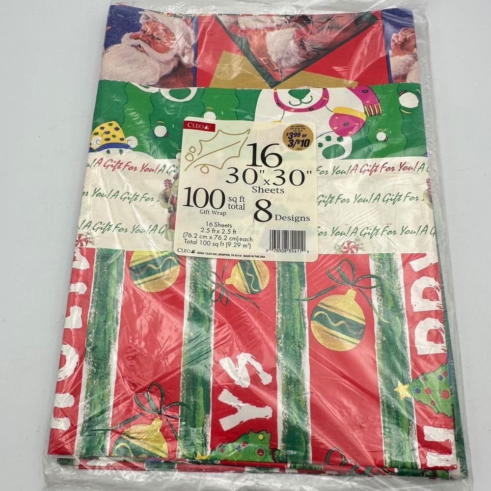 Cleo Vintage 2000 Christmas Gift Wrap 16 Sheets 8 Designs 100 Sq Ft Santa Y2K
